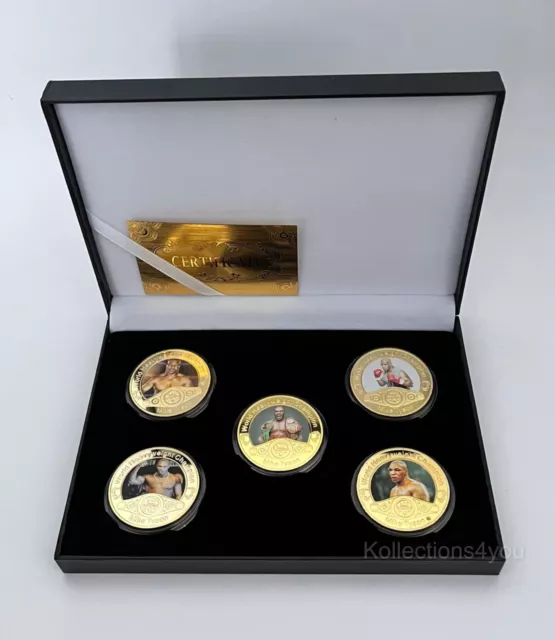 Mike Tyson 5 Gold Plated Coins, World Heavy Weight Champion- With Display Box