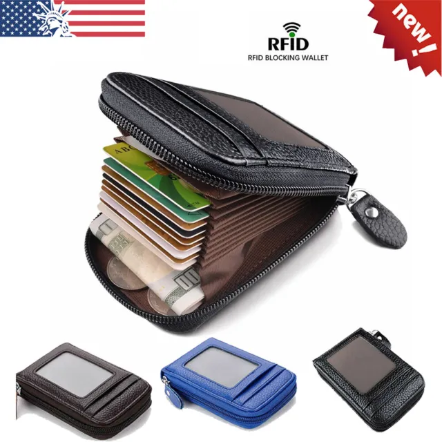 Men Wallet Credit Card Holder Genuine Leather RFID Blocking Zipper Pocket Thin
