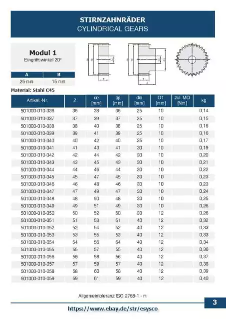 Engrenage, roue avant, module 1, avec moyeu, en acier C45, nombre de dents 12 - 127 3