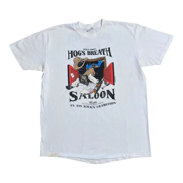 Vintage 90s Hog’s Breath Saloon T Shirt Size XL White Single Stitch Made In USA