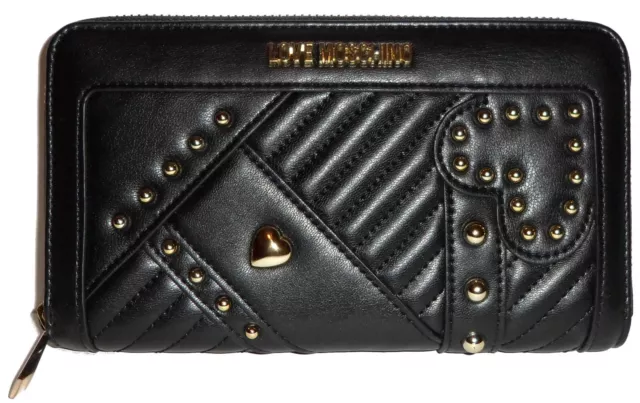 LOVE MOSCHINO Black Studded Zip-Around Clutch Wallet NWT