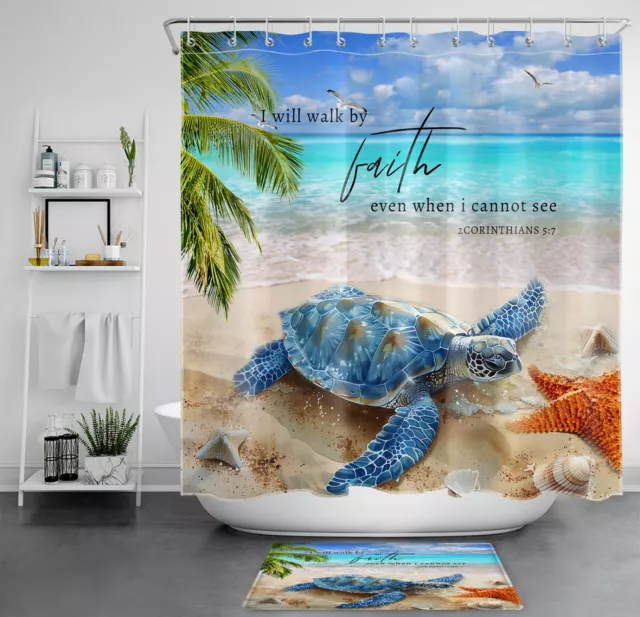 Coastal Beach Ocean Wave Blue Sea Turtle Shower Curtain Set for Bathroom Decor