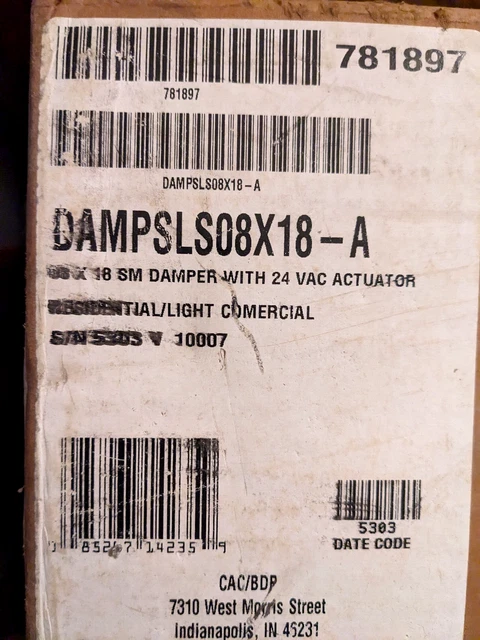 Carrier DAMPSLS08X18-A Slip-In Zone Damper w/ 24 Vac Actuator-NEW IN BOX