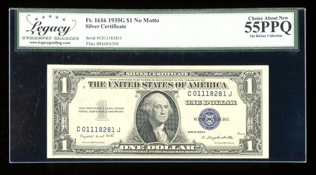 DBR $1 1935-G Silver Fr. 1616 No Motto CJ Block Legacy 55 PPQ Serial C01118281J