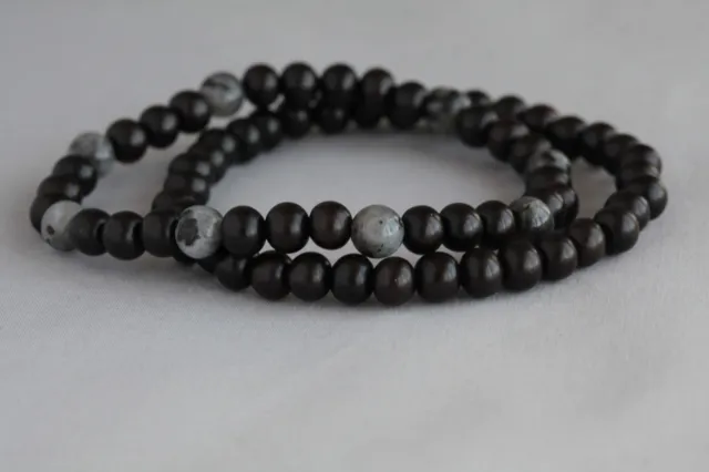 Set Of X2 Tiger Ebony Wood & Larvikite 6Mm Bracelets  ~ 7" (18Cm)