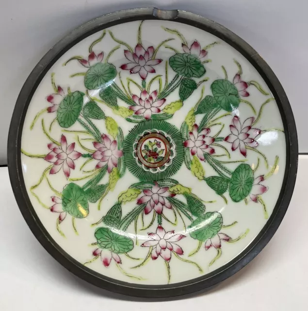 Vintage ACF Japan Japanese Porcelain Ware Bowl/Ashtray Pewter Encased Pink/Green