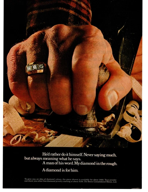1976 De Beers "A Diamond Is For Him" A Man Of His Word Wood Planer Ring Print Ad
