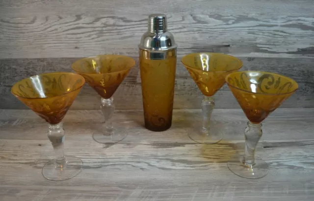 Vintage Cocktail Shaker & 4 Martini Glasses Brown Etched Glass Set