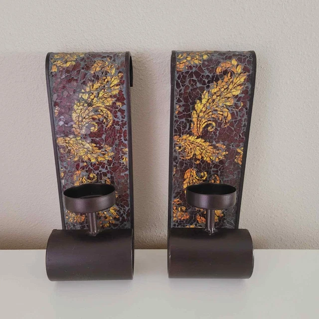 Pair of Tealight Wall Mounted Candle Holders Crackled Glass Mosaic Metal Swoop
