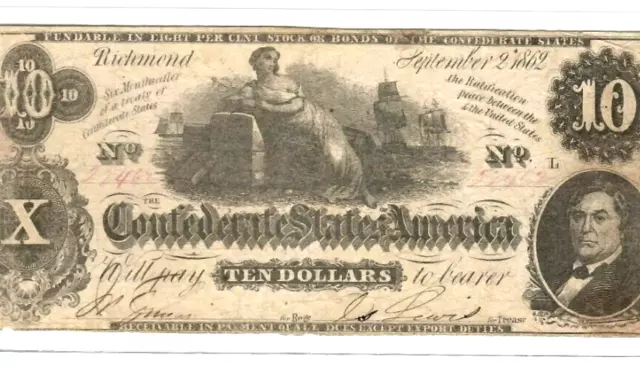 $10 "Confederate"  (1800S) $10 "Confederate" (Rare Note) $10 "Confederate" Nice!