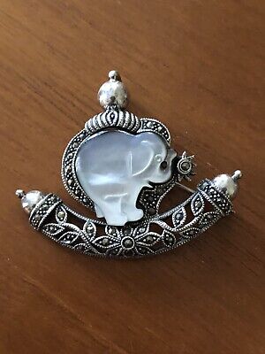 Gorgeous Mother Pearl Carved Elephant Pin/Pendant W/Marcasite sterling silver