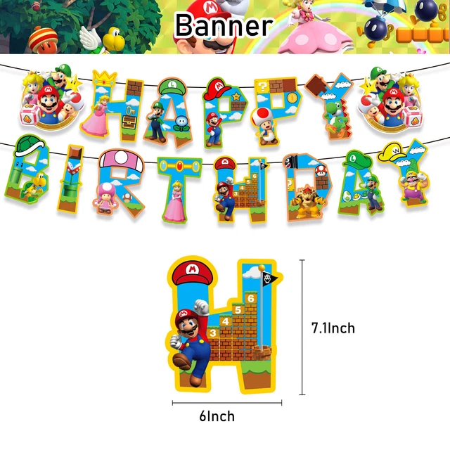 Super Mario 'Happy Birthday' Banner – Partydekoration Mit Tortenaufsätzen