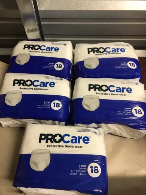 ProCare Adult Diapers: Lot of 90 Protective Underwear, Size Large, Waist 44"-58"