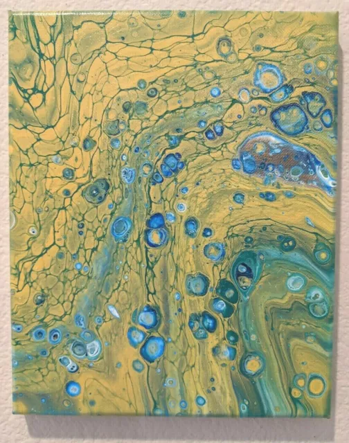 Green Yellow Abstract Acrylic Pour Fluid Art Painting 8 X 10 canvas  original
