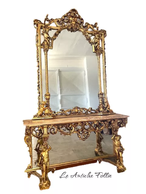 Spectaculaire Console Baroque Italienne Avec Putti Avec Marbre Miroir Xx Seconde