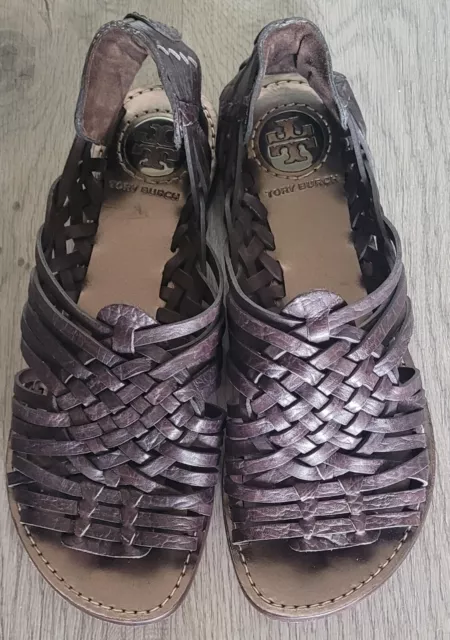 Tory Burch Huarache Brown Woven Leather Flat Sz 8 M Sandals