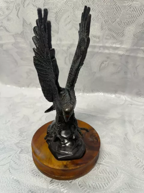 Vintage Solid Brass American Eagle Sculpture Statue 9” on the Wooden Base