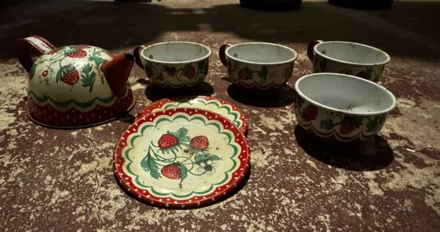 Antique Child’s Strawberry Metal Tea Set By Wolverine