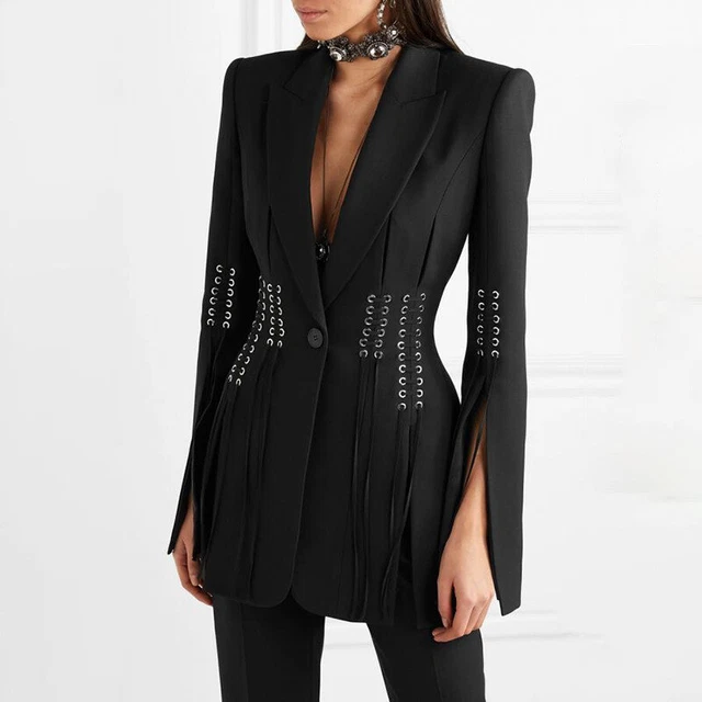 Donna Design Ispirato Coulisse Cinghie Nero Giacca Cappotto