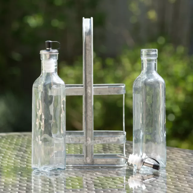 Glass Oil Vinegar Bottle Set Dispenser Pourers Drizzlers Industrial Metal Caddy 3