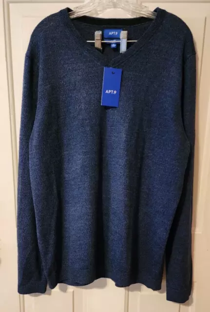 APT 9 Men’s XL NWT Merino Wool Blend V Neck Sweater Pullover Navy Blue Heather
