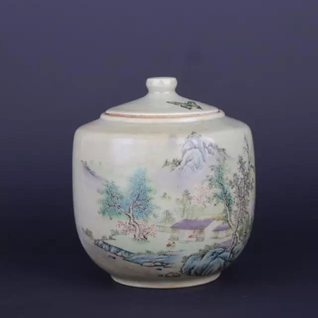 Chinese Qing Guangxu Famille Rose Porcelain Pot Landscape Pattern Tea Caddy 5.1"