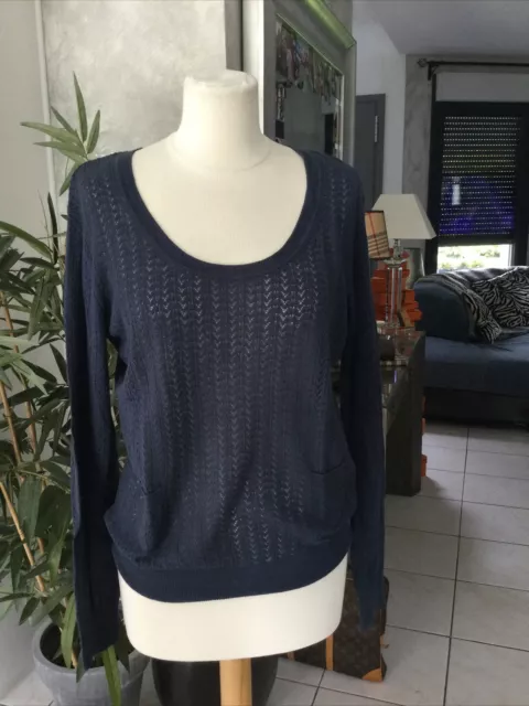 Pull ajouré SANDRO taille 2(38/40/42) bleu laine et soie