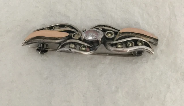 Broche Argent/ Or/ Marcassites/ Zircon/ Style Art Nouveau 1900/ Annees 1970