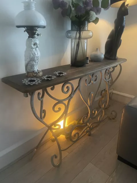 french grey  wrought iron and wood  console table