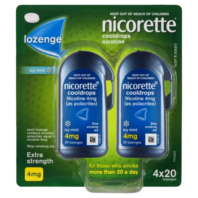 Nicorette Lozenge Cooldrops Nicotine 4mg 4 x 20 Pack - Icy Mint Extra Strength