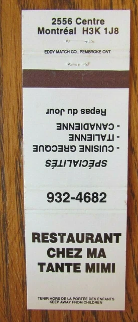 Greek Restaurant Matchbook Matchcover: Chez Ma Tante Mimi (Montreal, Quebec) -E8