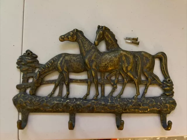 Vintage Equestrian Brass Horse Key Hook Holder Wall Hanging With Four Hooks