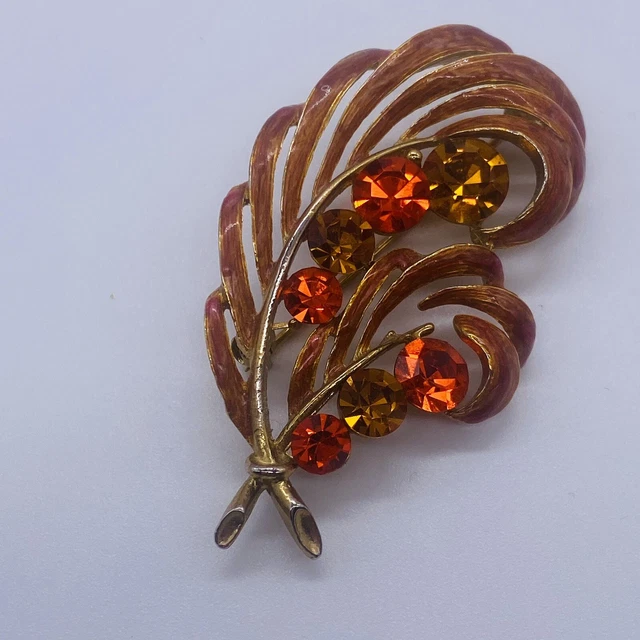 Vintage Signed M JENT Amber & Orange  Crystals Brooch