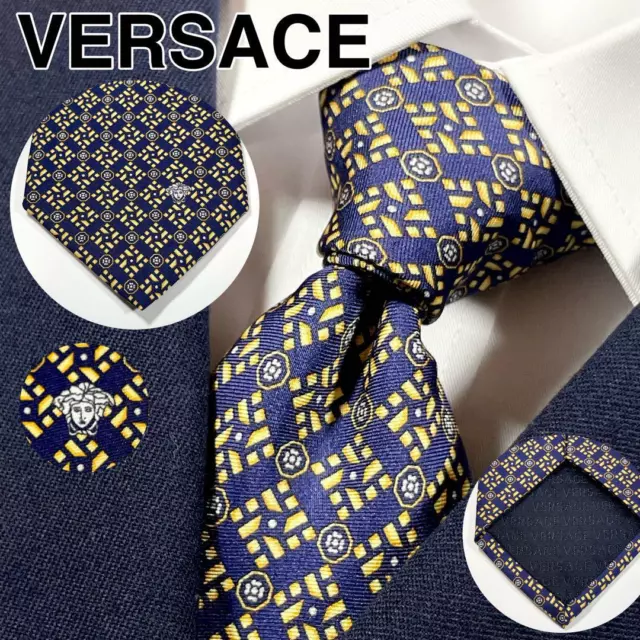 VERSACE Men's Necktie Tie Luxury Silk High Brand One Point Medusa Logo Navy NM