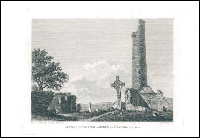 1797 Engraving IRELAND MONASTERBOISE CHURCH & TOWER Monasterboice Louth (IG42)