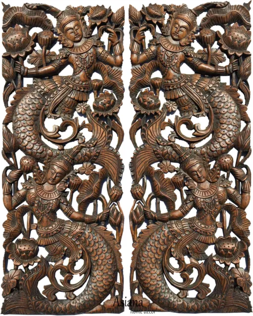 Mermaid Carved wood wall art panels. Asian Home Decor.Brown Extra Thick Set of 2