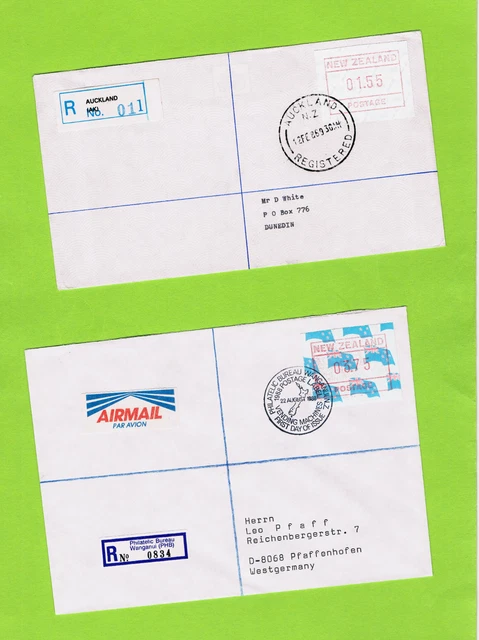 2 seltene Neuseeland-Einzelfrankaturen R-FDCs national + international ATM FRAMA