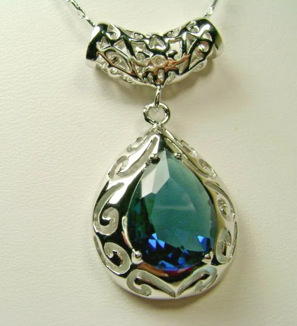 Tear Drop Sim Sapphire Sterling Silver Pendant Necklace (Custom-Made)*