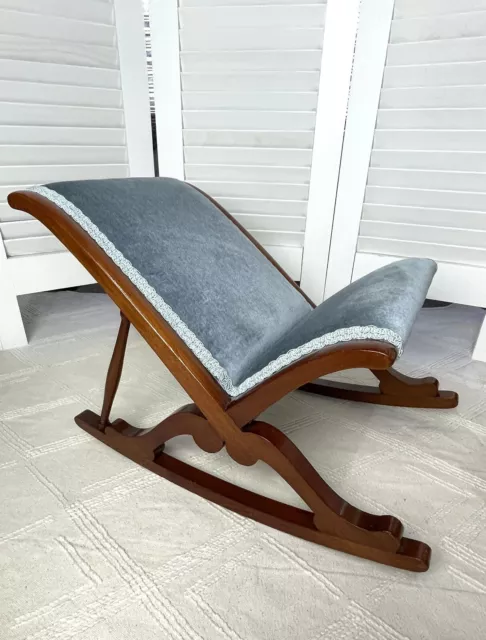 ANTIQUE ROCKING GOUT Stool Foot Stool Mahogany Blue Velvet Footstool 75.00 PicClick UK