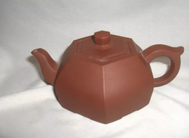 Vintage Yixing Chinese Brown Clay Hexagon Small Teapot 2.50" Signed NICE