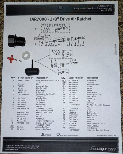 Snap On Far7000 3/8" Air Inlet Bushing, Trigger Button, Throttle Valve & Seat