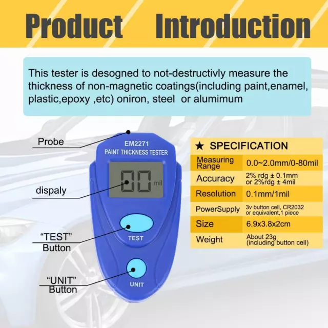 EM2271 Thickness Gauge Coating Painting Tester Film Meter Measuring (Blue)