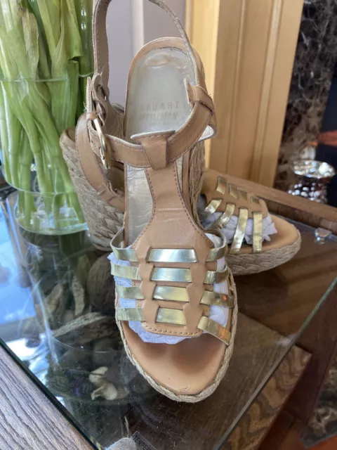 Stuart Weitzman Strappy Gold Wedge Platform Espadrille Women Sandal Size 7.5