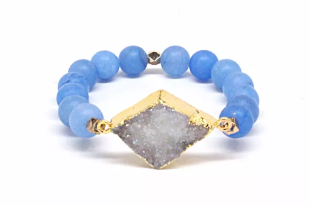 Druzy Beaded Agated Bracelet With White Stone & Matte Light Blue Beads