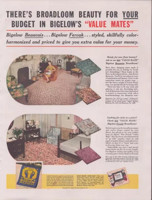 1941 Print Ad Bigelow Weavers There's Broadloom Beauty for Your Budget Carpet