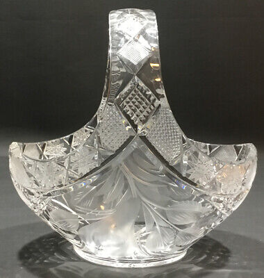 VTG ABP American Brilliant Period Cut Crystal Basket~Heavy~Etched Fruit~7” Tall