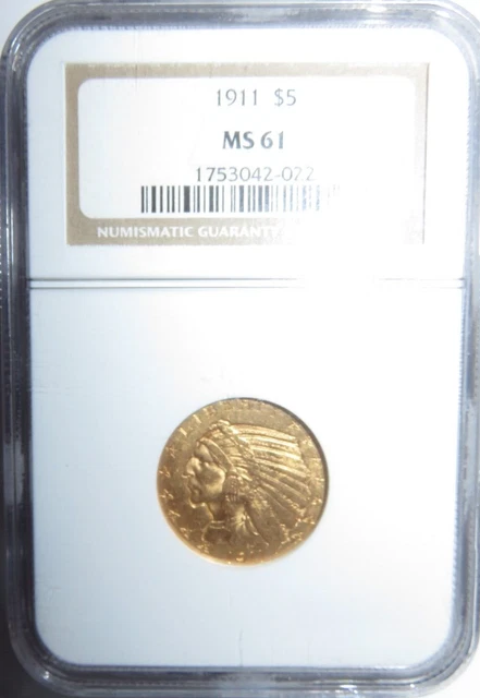 1911 $5 Indian Gold Half Eagle MS-61 NGC