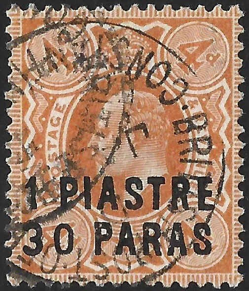 British Levant 1909 KEVII  1pi 30pa on 4d Brown-Orange  SG.19 Used  Cat:£70