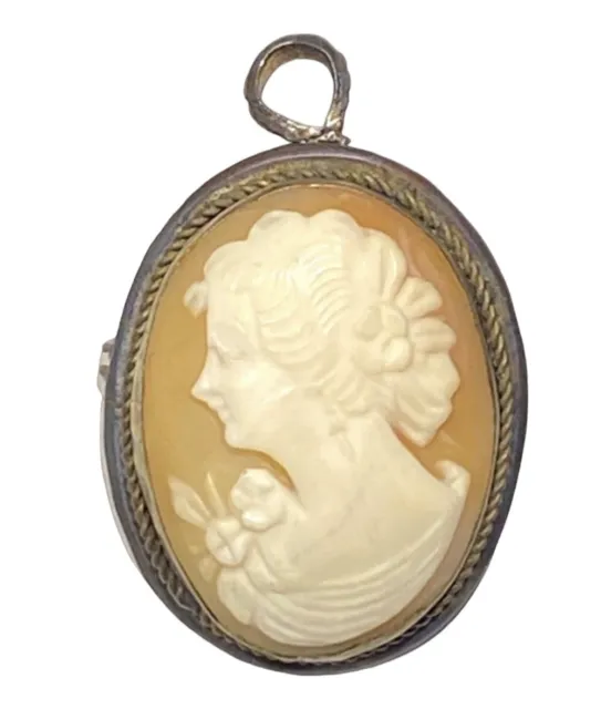 Vintage Victorian Carved Shell Cameo Pendant Sterling Silver