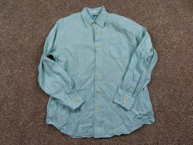 Tommy Bahama Shirt Mens Large Blue 100% Linen Hawaiian Beach Sea Glass Breezer